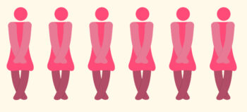 6 Piktogramme (in Rottönen) von Frauen in "Ich-muss-mal-Haltung".
