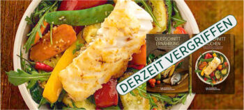 Foto einer Gemüse-Bowl mit Fisch, kombiniert mit den Covern der beiden Buch-Bände. Quer darüber ein Banner in grau und grün mit grüner Aufschrift in Großbuchstaben: DERZEIT VERGRIFFEN.