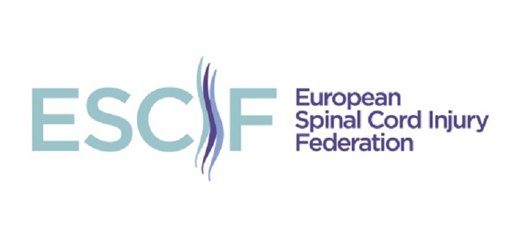 Logo der European Spinal Cord Injury Federation ESCIF mit hellgrüner und violetter Schrift und drei stilisierten Wirbelsäulen, die den Buchstaben I ersetzen.