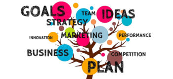 Ein Baum dessen Äste bunte "Früchte" mit der Aufschrift Goas, Team, Ideas, Strategy, Innovation, Marketing, Performance, Business, Plan und Competition tragen.
