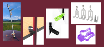 Kollage zeigt Stockständer und diverse Halterungen für Gehhilfen.
