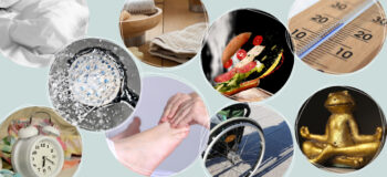 Collage mit mehreren, in Kreisen platzierten Fotos: Bettzeug, Waschutensilien, Burger, Thermometer, Duschkopf, Wecker, Fußmassage, Rollstuhl, meditierender Frosch.