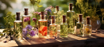 Verschiedene Öle und/oder Essenzen in Flaschen mit Korkverschluss umgeben von verschiedenen Blumen und Kräutern.