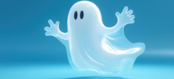 KI-generiertes Bild eines putzigen, weißen Gespenstes vor blauem Hintergrund.