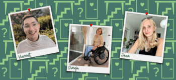 Pinwand mit den Motiven Treppe, Tisch, Toilettentür und Fragezeichen, auf der drei Polaroid-Fotos hängen, die Vincent, Svenja und Jana zeigen.