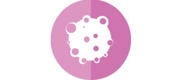 Gezeichnete Krebszelle in weiß auf rosa Untergrund.