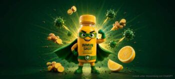 Eine Plastikflasche mit gelbem Deckel und gelbem Inhalt, die als Superheld verkleidet ist. Mit grünem Umhang, grüner Maske, grünen Handschuhen, grünem Gürtel und grünen Stiefeln. Um sie herum: Zitrone, Ingwer und Zellen.