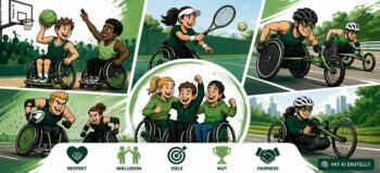 Comic-Illustration verschiedener Rollstuhlsportarten mit Fokus auf Inklusion, Teamgeist und Fairness; erstellt mit KI.
